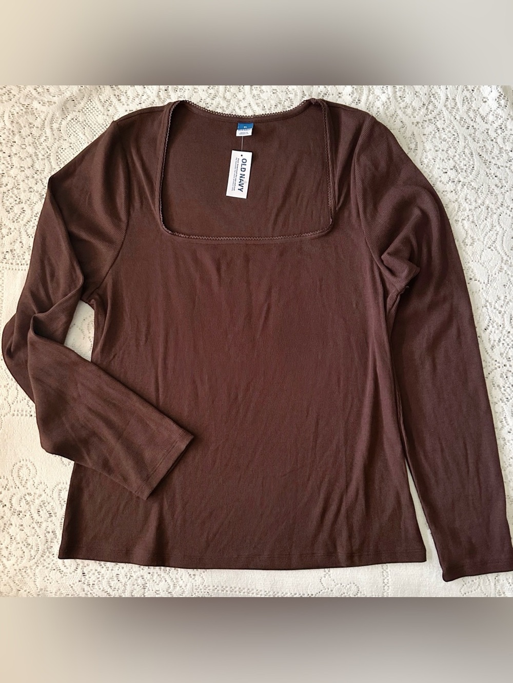 Old Navy Women’s XL Brown Ribbed Knit Square Neck Long Sleeve Stretch Top